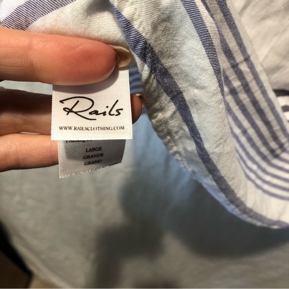 Rails blue and white horizontal stripe button down rayon blouse Chinese collar L - Picture 10 of 10